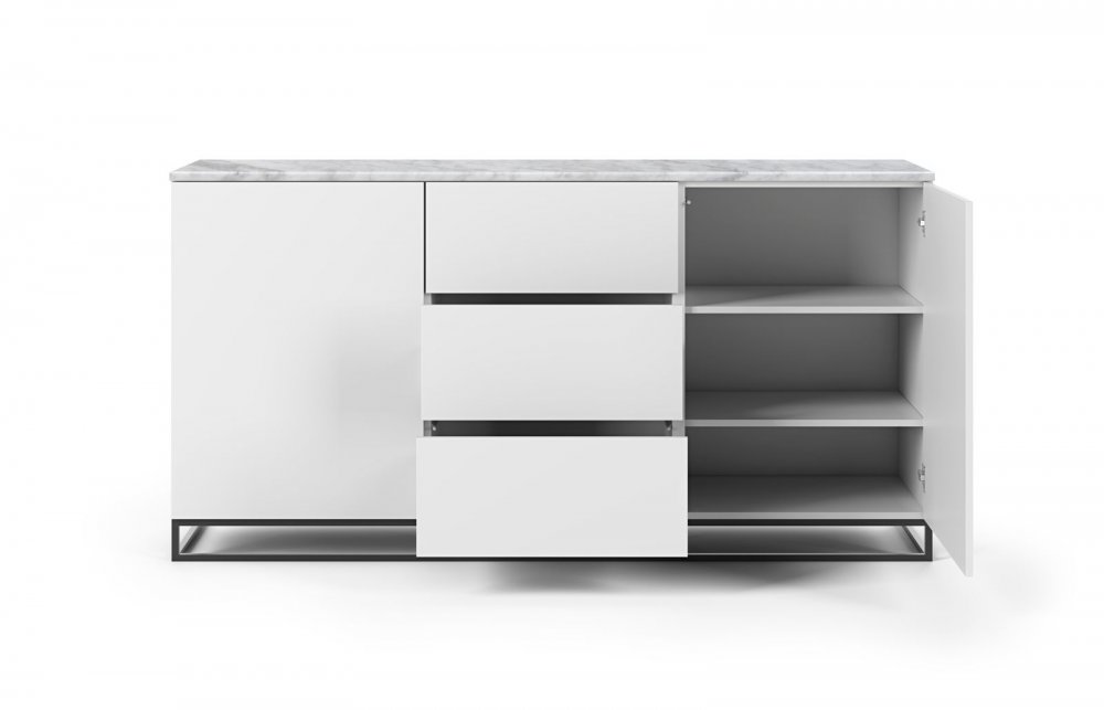 Buffet WHITY 2 blanc mat 180cm 2 portes/3 tiroirs Plateau en Marbre blanc avec piètement noir